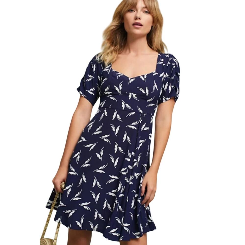 Anthropologie Maeve Fern Ruched Dress Navy & White Printed Size 14